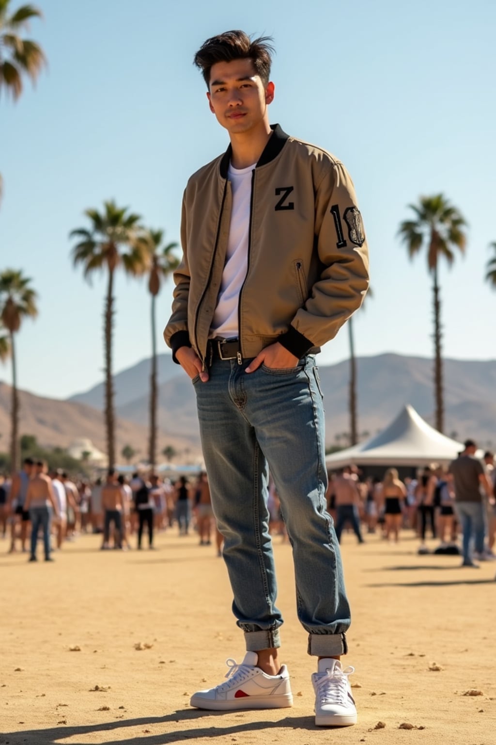 a man in  a cool bomber jacket and sneakers, striking a pose in front of the Coachella stage, with palm trees and desert landscape visible