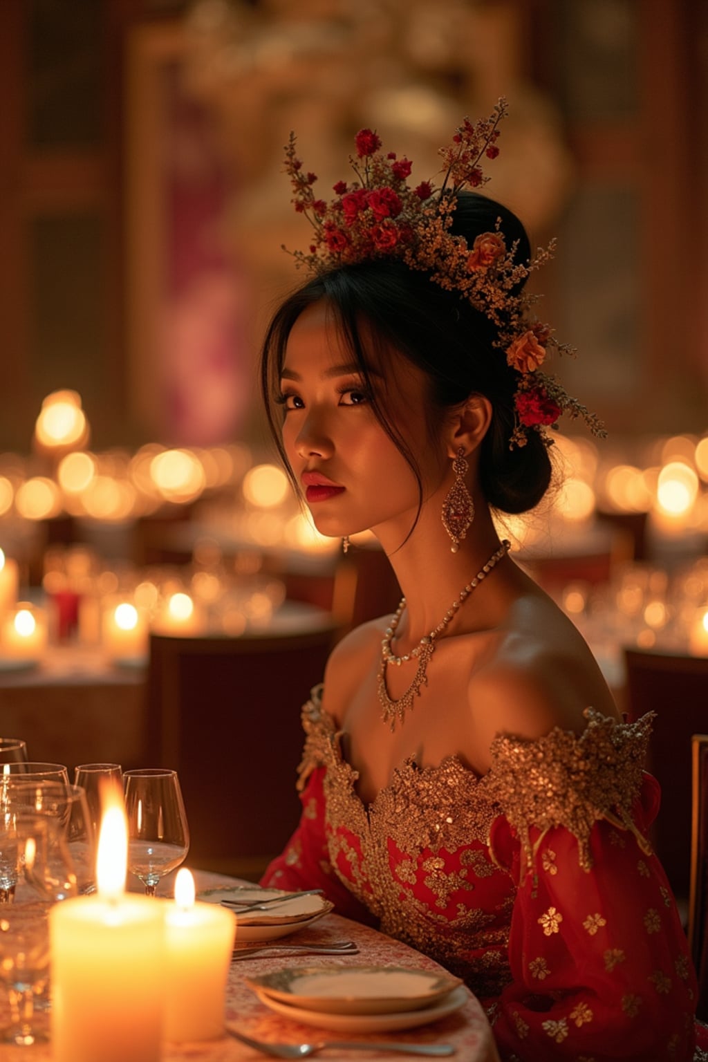 woman dining at the lavish Met Gala dinner in the Temple of Dendur, wearing an opulent evening dress with theatrical elements , elaborate floral centerpieces and candlelit tables arranged throughout the museum space
