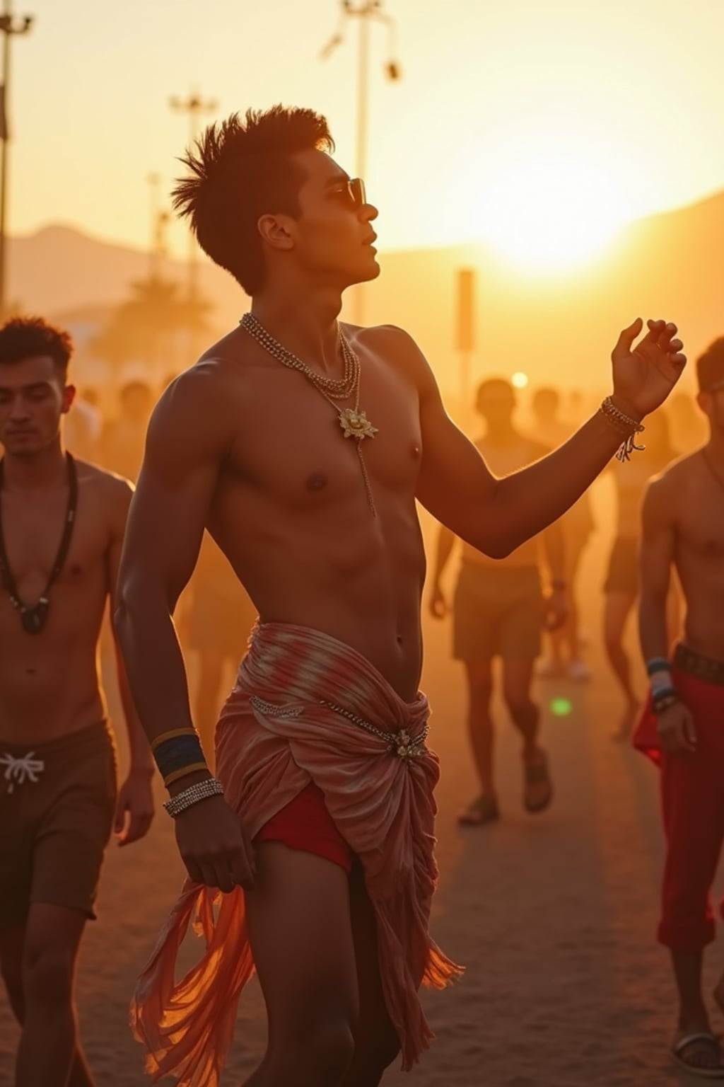 a man in a Coachella-inspired outfit, dancing with  a crowd of fellow festival-goers, capturing the energetic atmosphere of the main stage at sunset