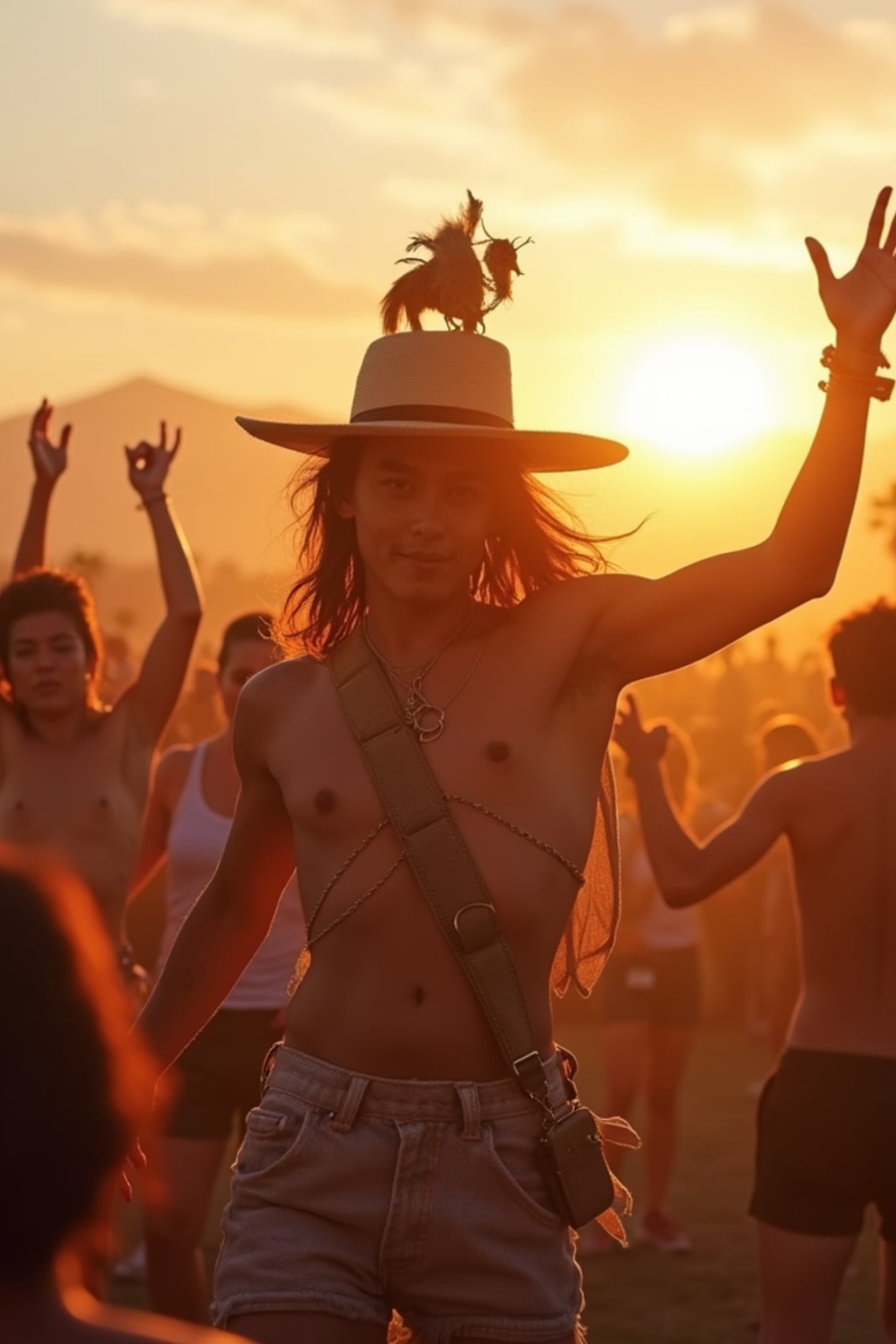 a man in a Coachella-inspired outfit, dancing with  a crowd of fellow festival-goers, capturing the energetic atmosphere of the main stage at sunset