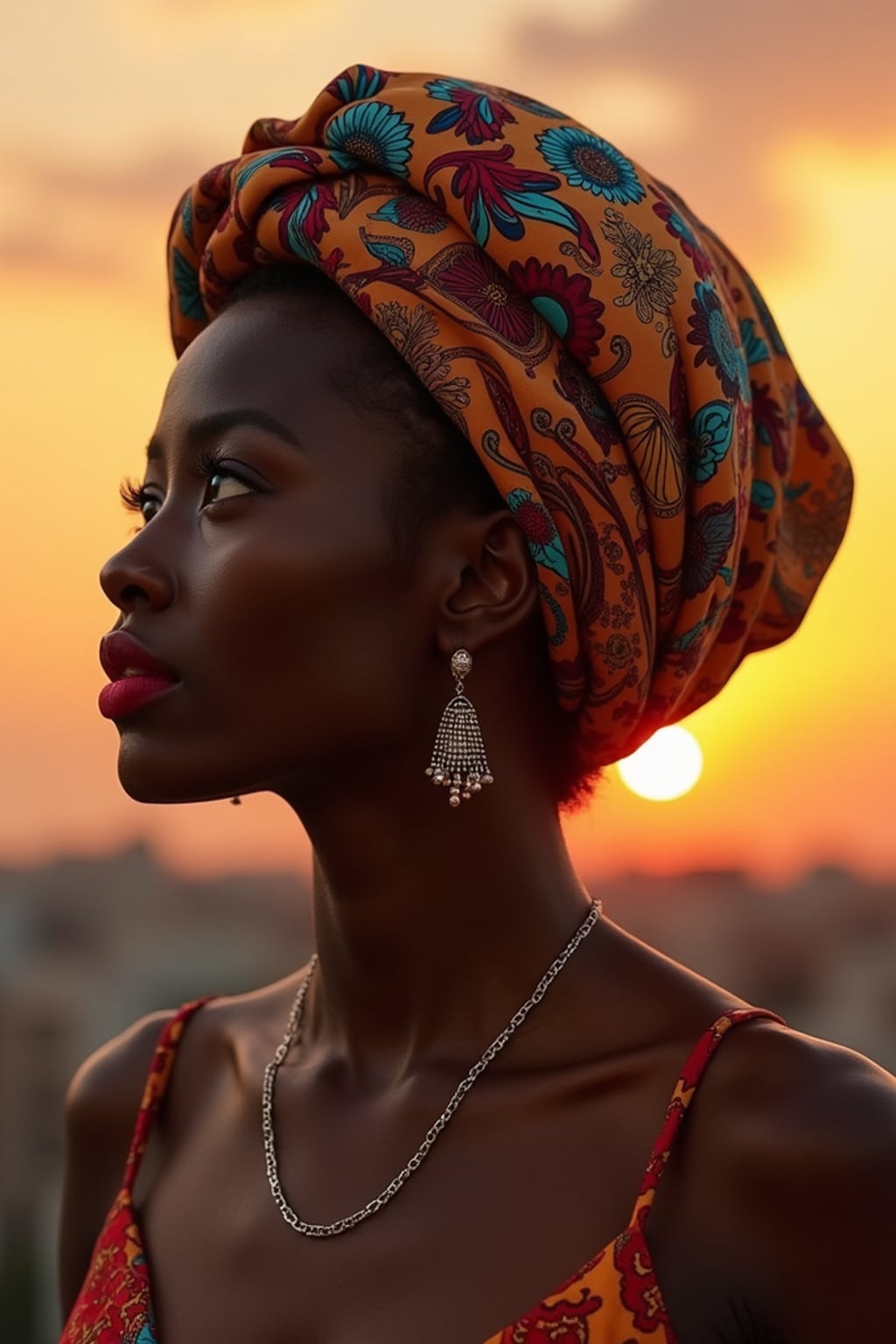 woman with an abstract print silk scarf wrapped completely around the head, with bold lipstick , against a sunset skyline
