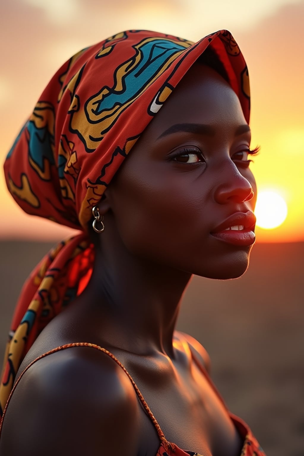 woman with an abstract print silk scarf wrapped completely around the head, with bold lipstick , against a sunset skyline