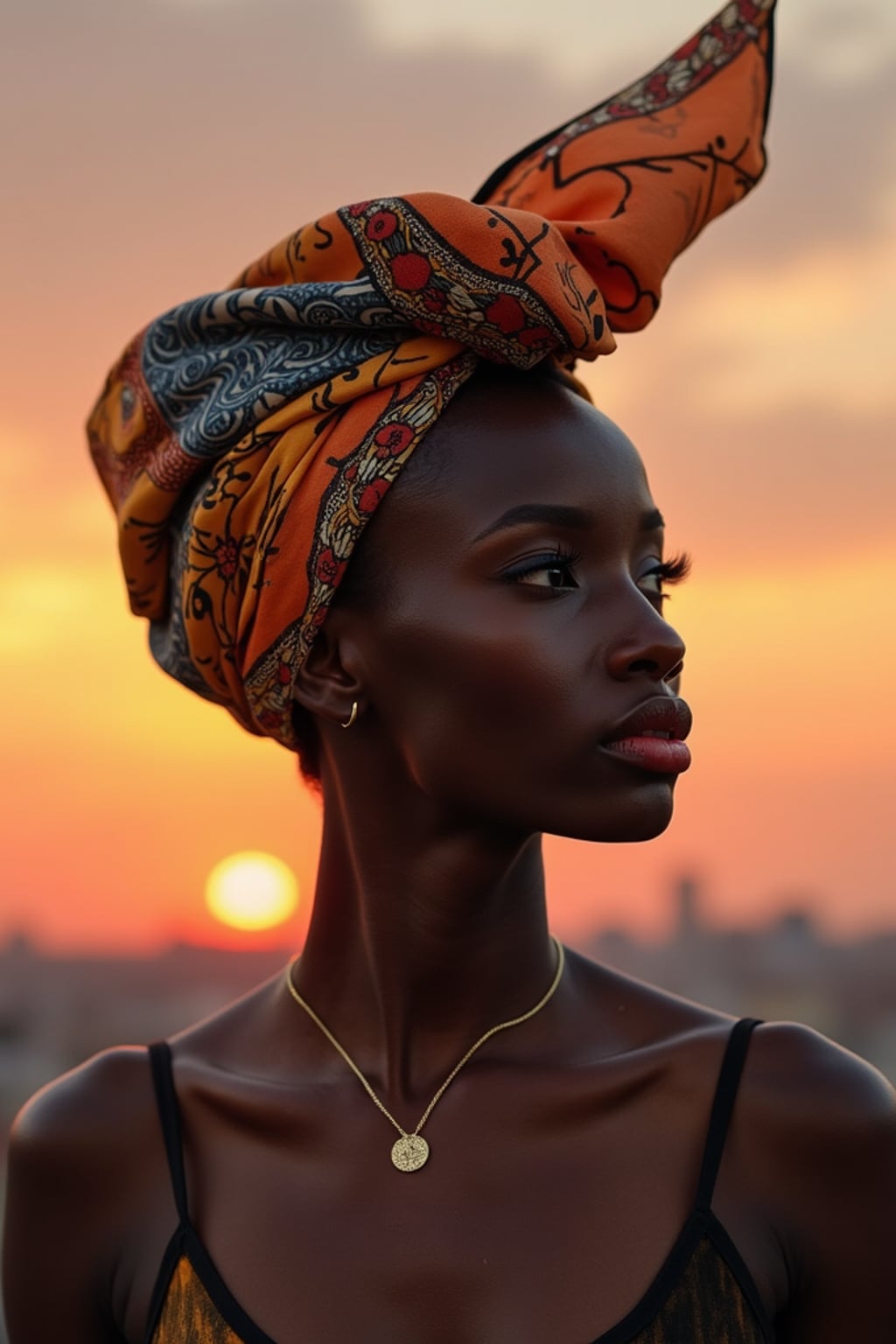 woman with an abstract print silk scarf wrapped completely around the head, with bold lipstick , against a sunset skyline