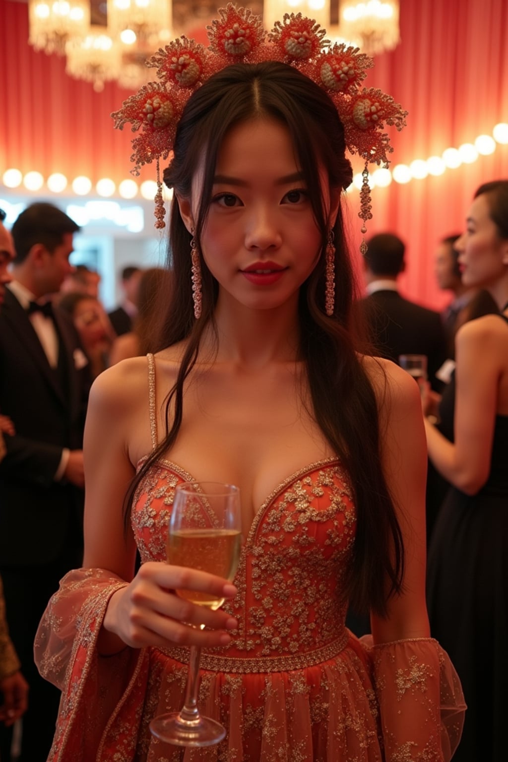 woman at the exclusive Met Gala cocktail hour in the museum's Great Hall, wearing a dramatic high-fashion gown with innovative materials , champagne flutes and elaborate event décor with this year's theme