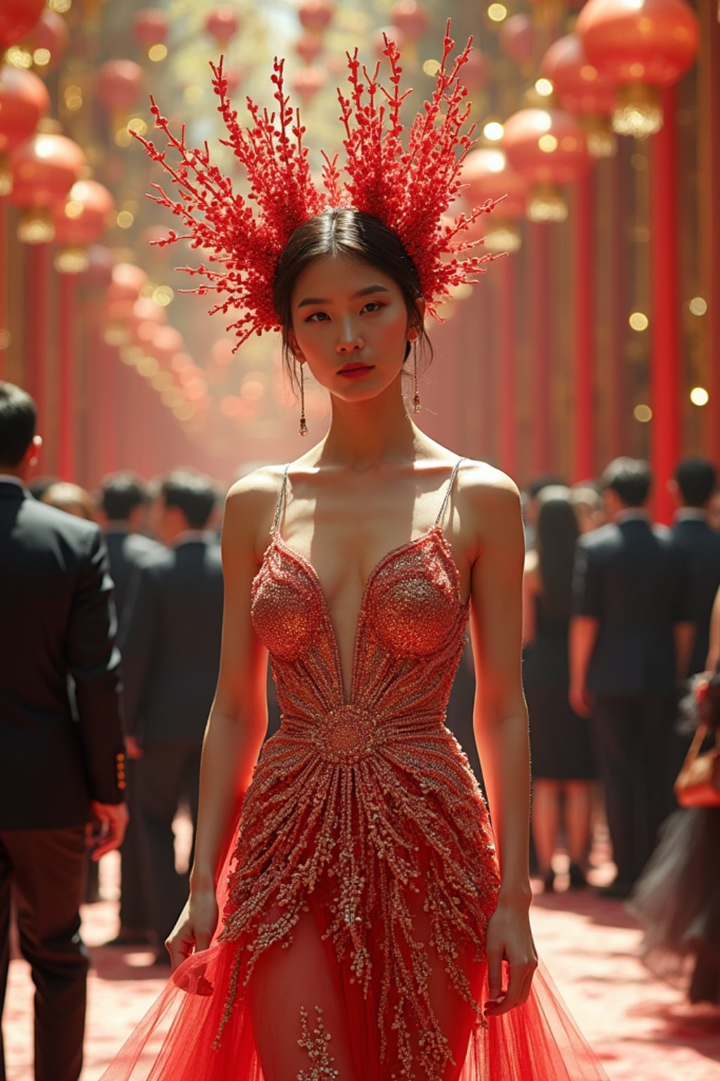 woman mingling with A-list celebrities inside the Met Gala main hall, wearing a sculptural couture masterpiece with intricate beadwork , lavish Met Gala decorations and themed installations visible