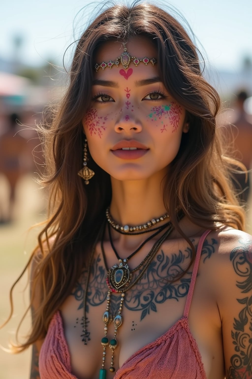 a woman with colorful temporary tattoos and henna art , adding bohemian flair to their Coachella look, with the iconic festival grounds visible in the background