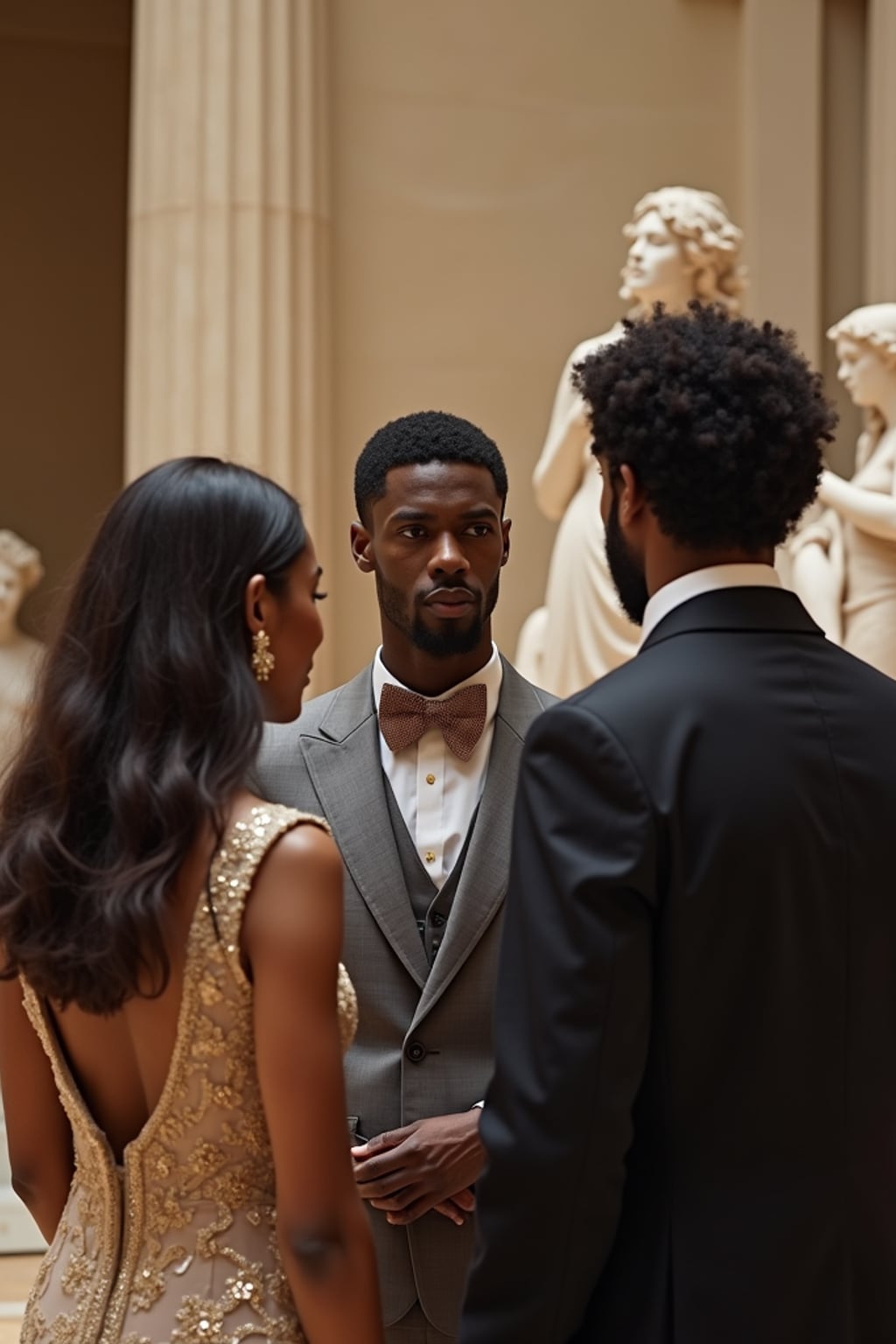 man interacting with famous fashion designers in the Met's European sculpture court, wearing  a bespoke suit demonstrating sartorial excellence, museum space transformed with gala decorations