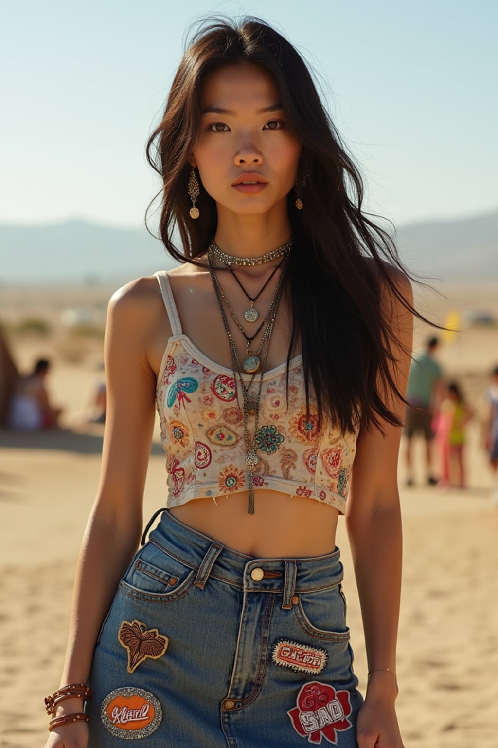 a woman in a crop top and denim skirt with festival patches , embodying the DIY fashion culture of Coachella in the Indio desert