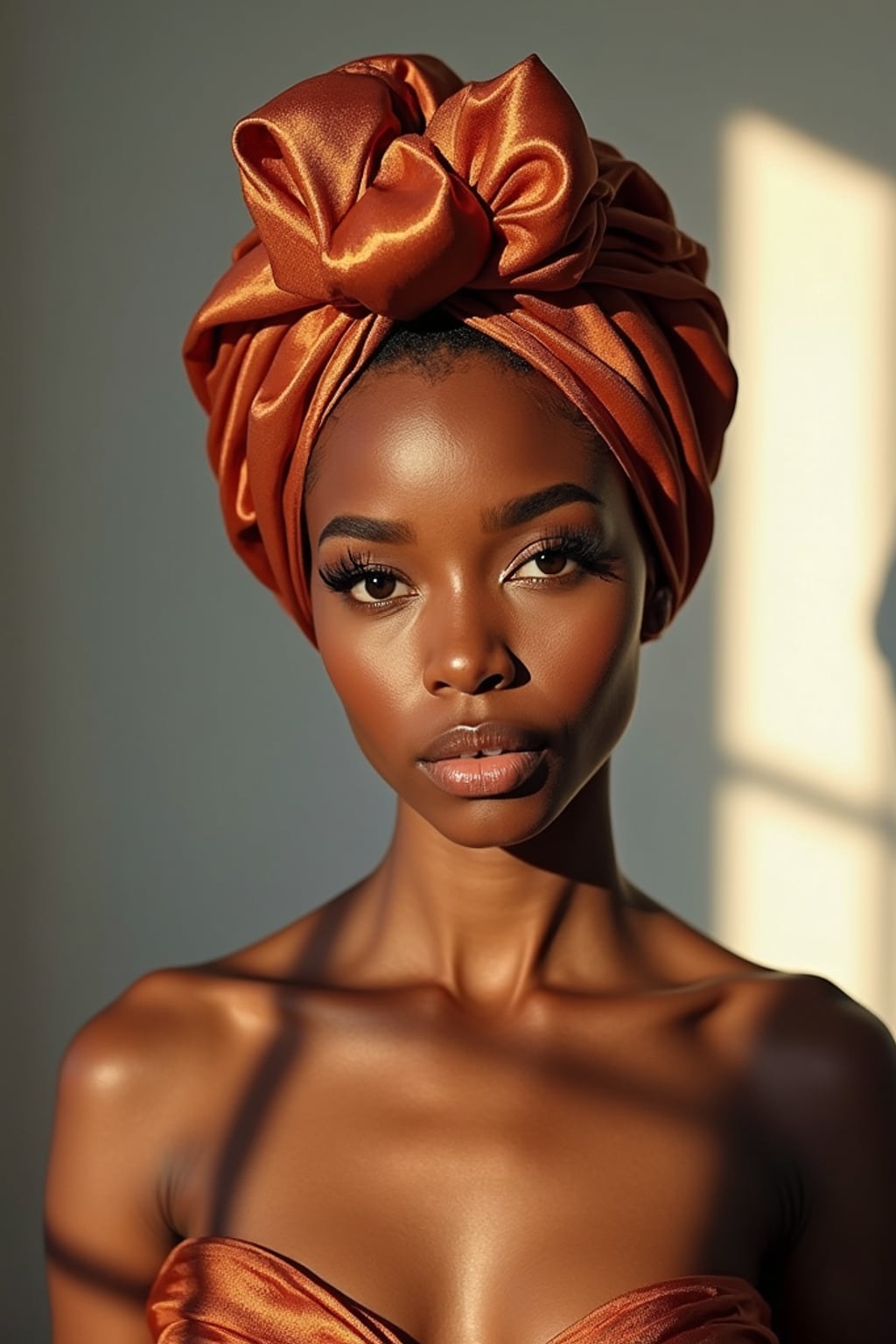 woman with a luxurious silk scarf wrapped around the entire head in a hijab style, with natural makeup , in a bright modern interior