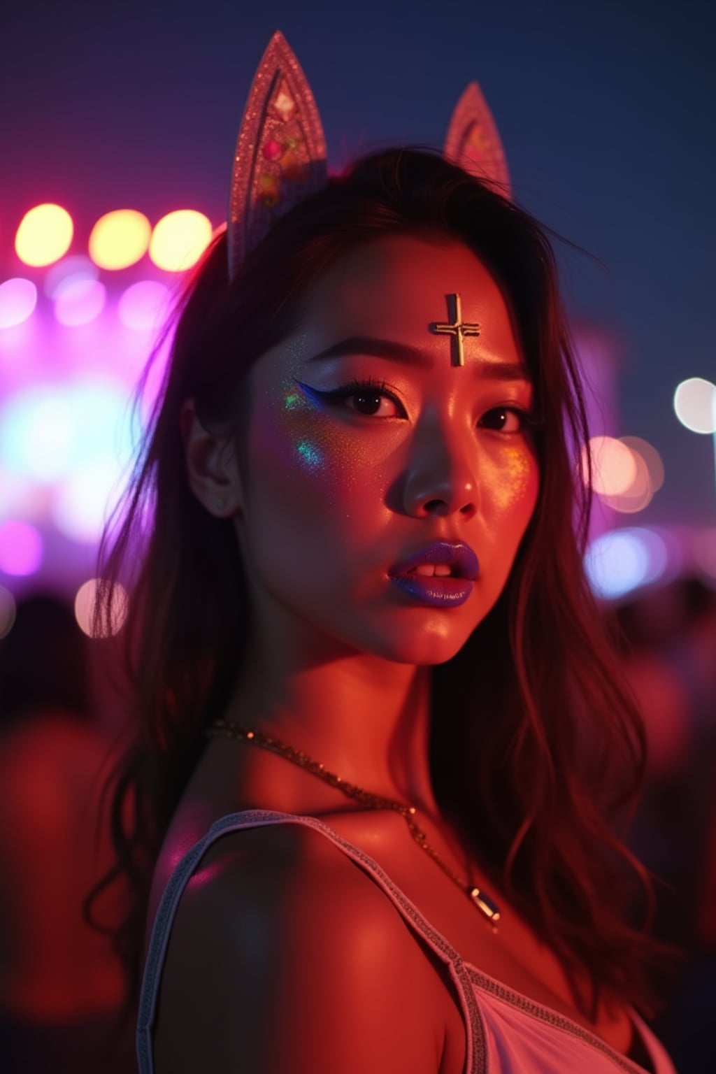 a woman with colorful festival makeup , standing out in the Coachella crowd at night with stage lights illuminating the scene