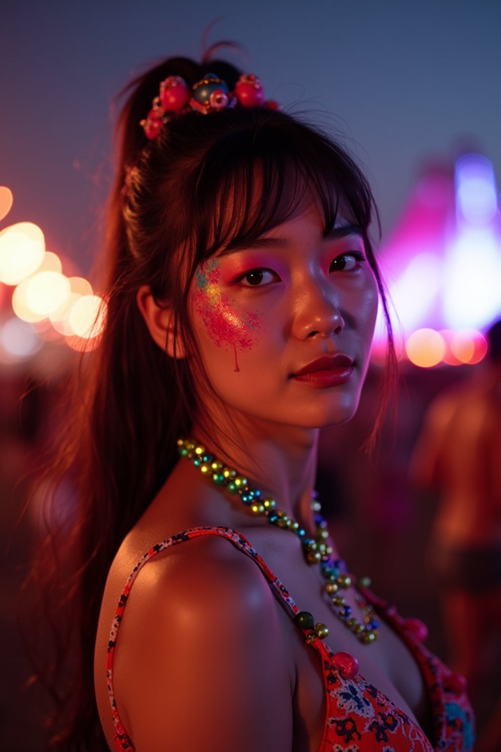a woman with colorful festival makeup , standing out in the Coachella crowd at night with stage lights illuminating the scene