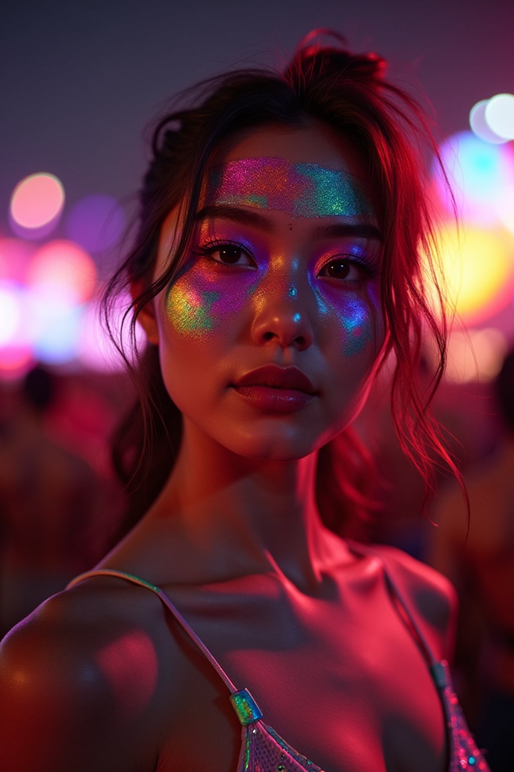 a woman with colorful festival makeup , standing out in the Coachella crowd at night with stage lights illuminating the scene