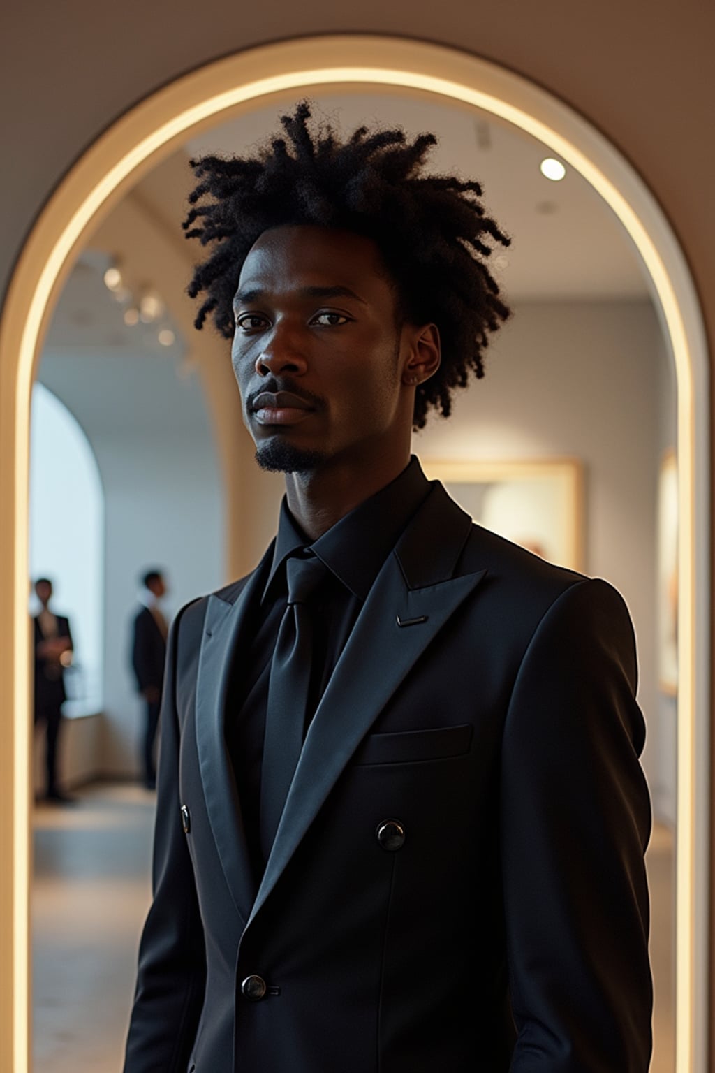 man in the themed exhibition space specially opened for the Met Gala, wearing  a forward-thinking formal look with innovative materials, curated art displays with special event lighting