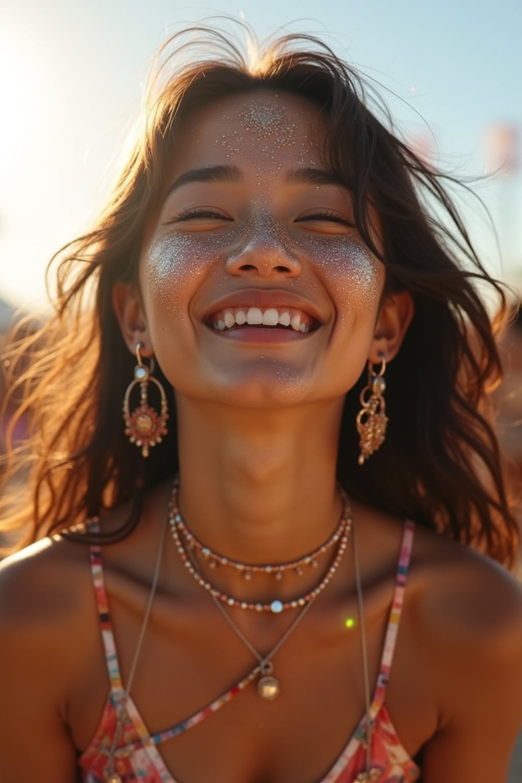 a woman enjoying a performance at Coachella on a hot desert day, with glitter on their face , radiating joy under the California sun