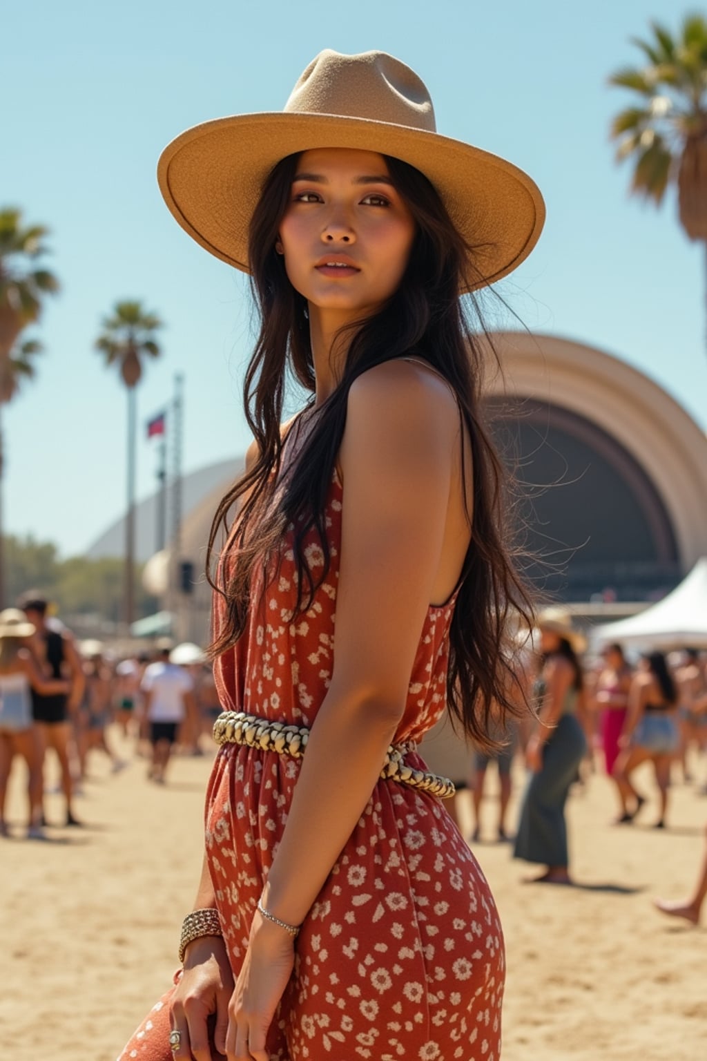 a woman in a bohemian jumpsuit and a wide-brimmed hat , striking a pose in front of the Coachella stage, with palm trees and desert landscape visible