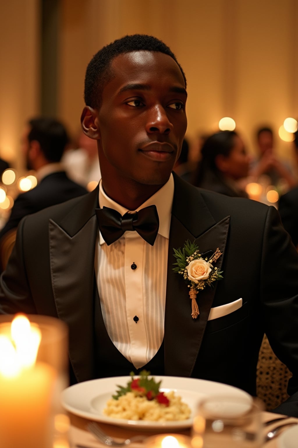 man dining at the lavish Met Gala dinner in the Temple of Dendur, wearing  a refined tuxedo with creative details, elaborate floral centerpieces and candlelit tables arranged throughout the museum space