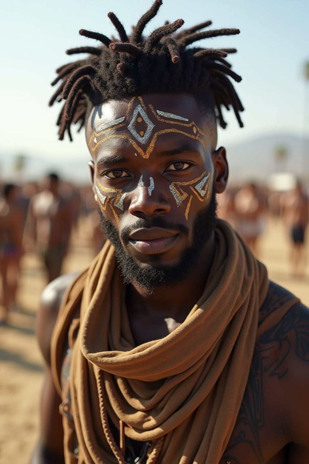 a man with  a tribal face paint design, adding bohemian flair to their Coachella look, with the iconic festival grounds visible in the background