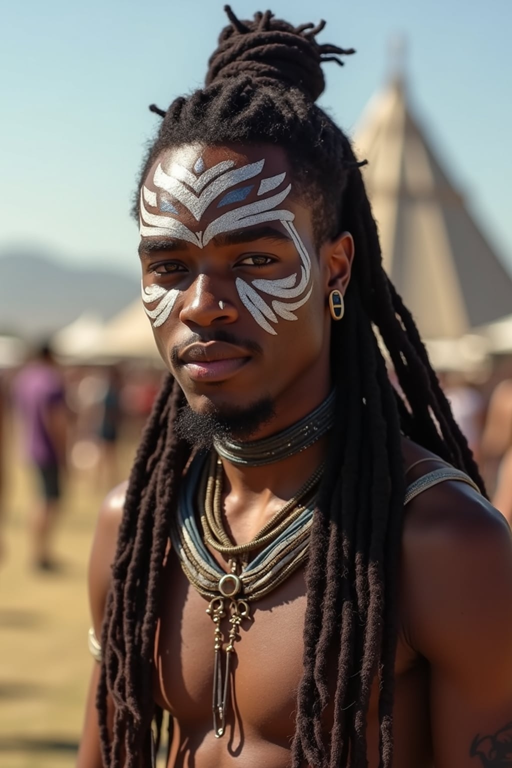 a man with  a tribal face paint design, adding bohemian flair to their Coachella look, with the iconic festival grounds visible in the background