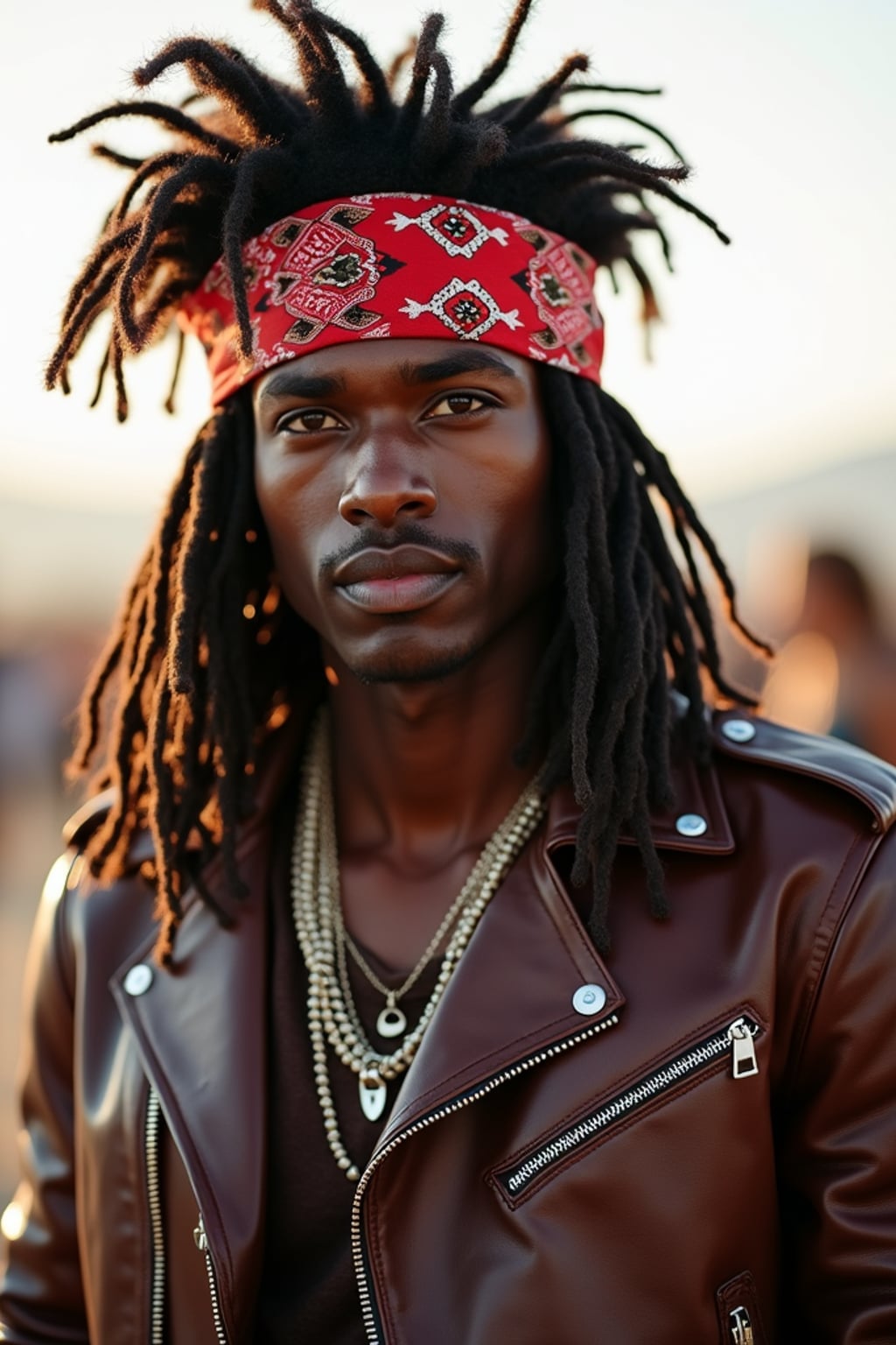 a stunning man in  a leather jacket and bandana, embodying the fusion of bohemian and rock styles that define Coachella fashion