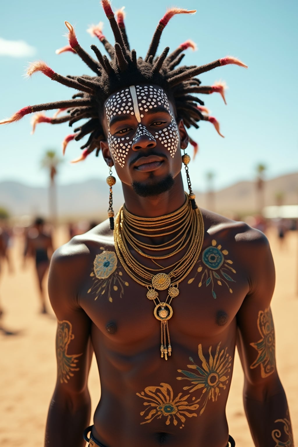 a man with  bold face and body art, capturing the artistic expression that defines Coachella, with desert landscape in the background