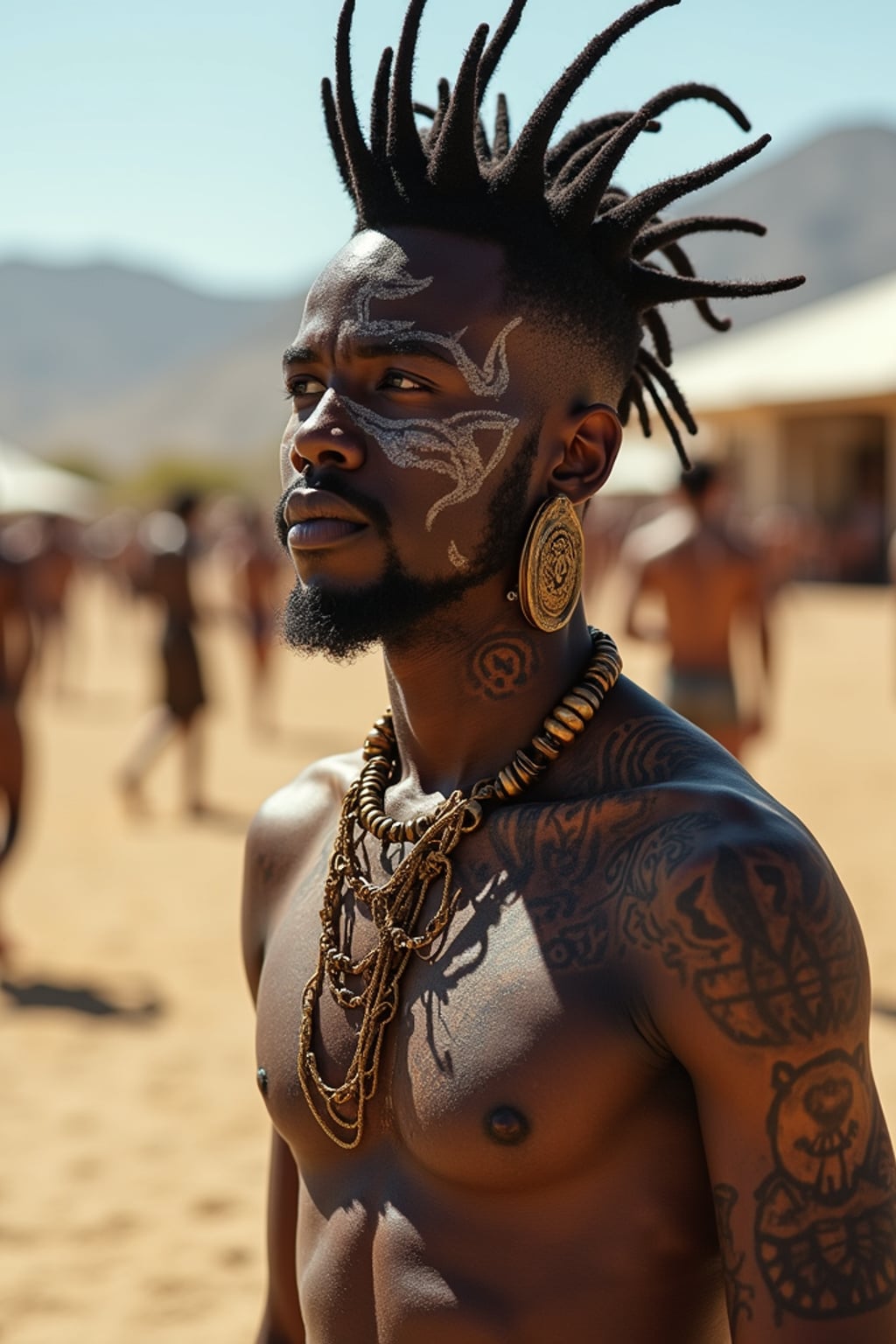 a man with  bold face and body art, capturing the artistic expression that defines Coachella, with desert landscape in the background