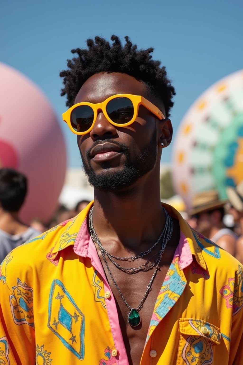 a stunning man in  a vibrant button-up shirt and funky sunglasses, capturing their eclectic Coachella look against the backdrop of art installations