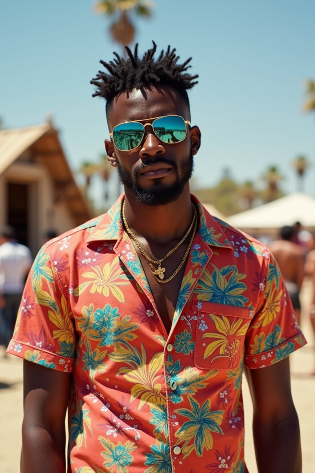 a stunning man in  a vibrant button-up shirt and funky sunglasses, capturing their eclectic Coachella look against the backdrop of art installations
