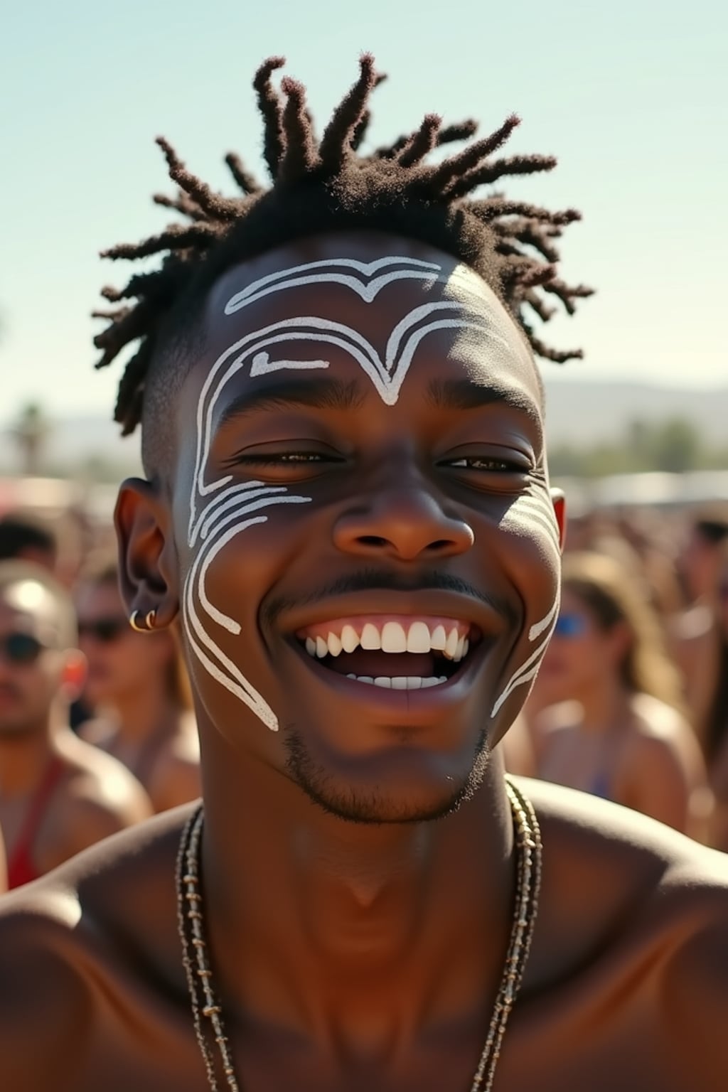 a man enjoying a performance at Coachella on a hot desert day, with  a bold face paint design, radiating joy under the California sun