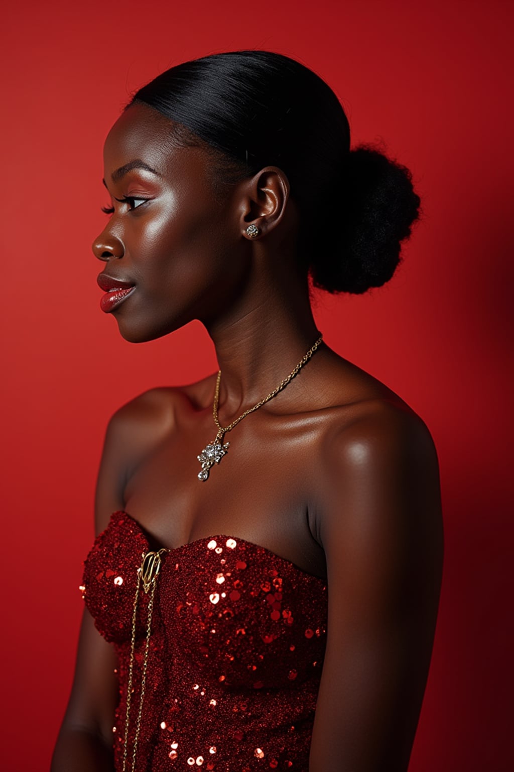 woman being photographed by Vogue at the Met Gala photo booth, wearing a revolutionary designer gown pushing fashion boundaries , professional lighting setup with Met Gala branding