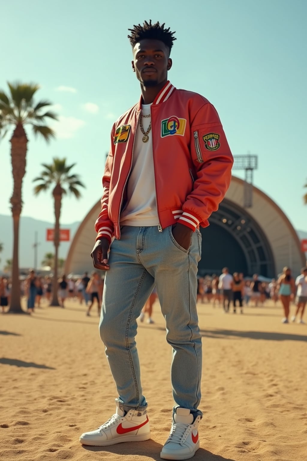 a man in  a cool bomber jacket and sneakers, striking a pose in front of the Coachella stage, with palm trees and desert landscape visible