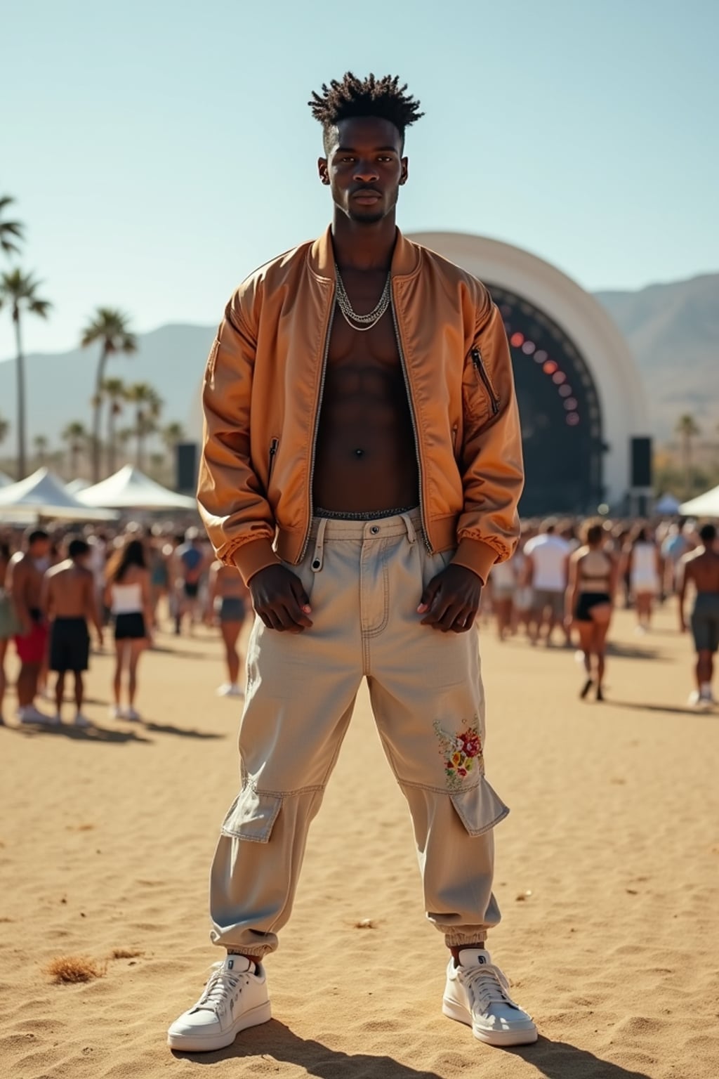 a man in  a cool bomber jacket and sneakers, striking a pose in front of the Coachella stage, with palm trees and desert landscape visible