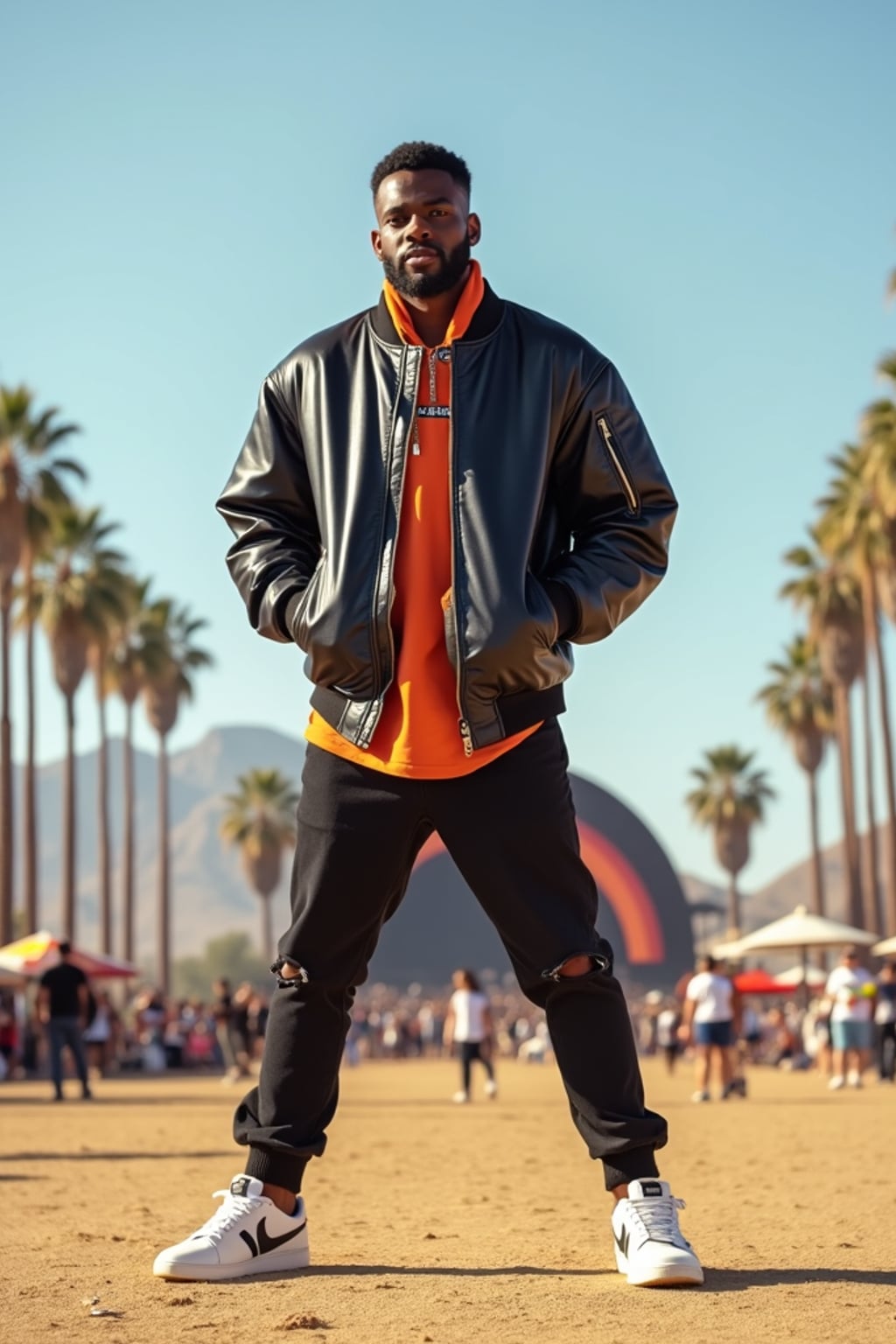 a man in  a cool bomber jacket and sneakers, striking a pose in front of the Coachella stage, with palm trees and desert landscape visible