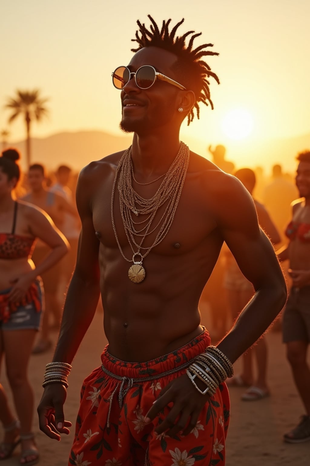 a man in a Coachella-inspired outfit, dancing with  a crowd of fellow festival-goers, capturing the energetic atmosphere of the main stage at sunset