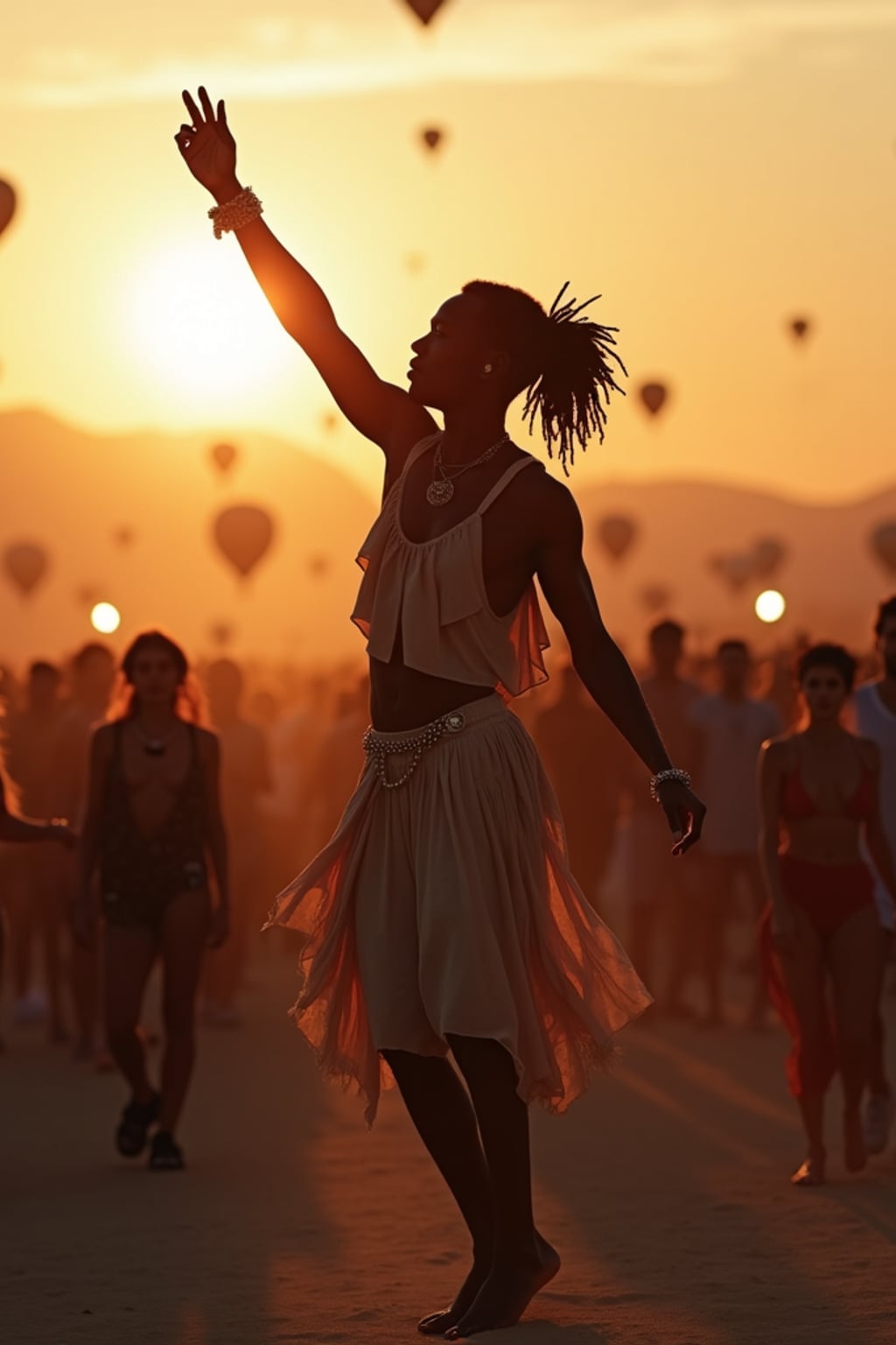 a man in a Coachella-inspired outfit, dancing with  a crowd of fellow festival-goers, capturing the energetic atmosphere of the main stage at sunset