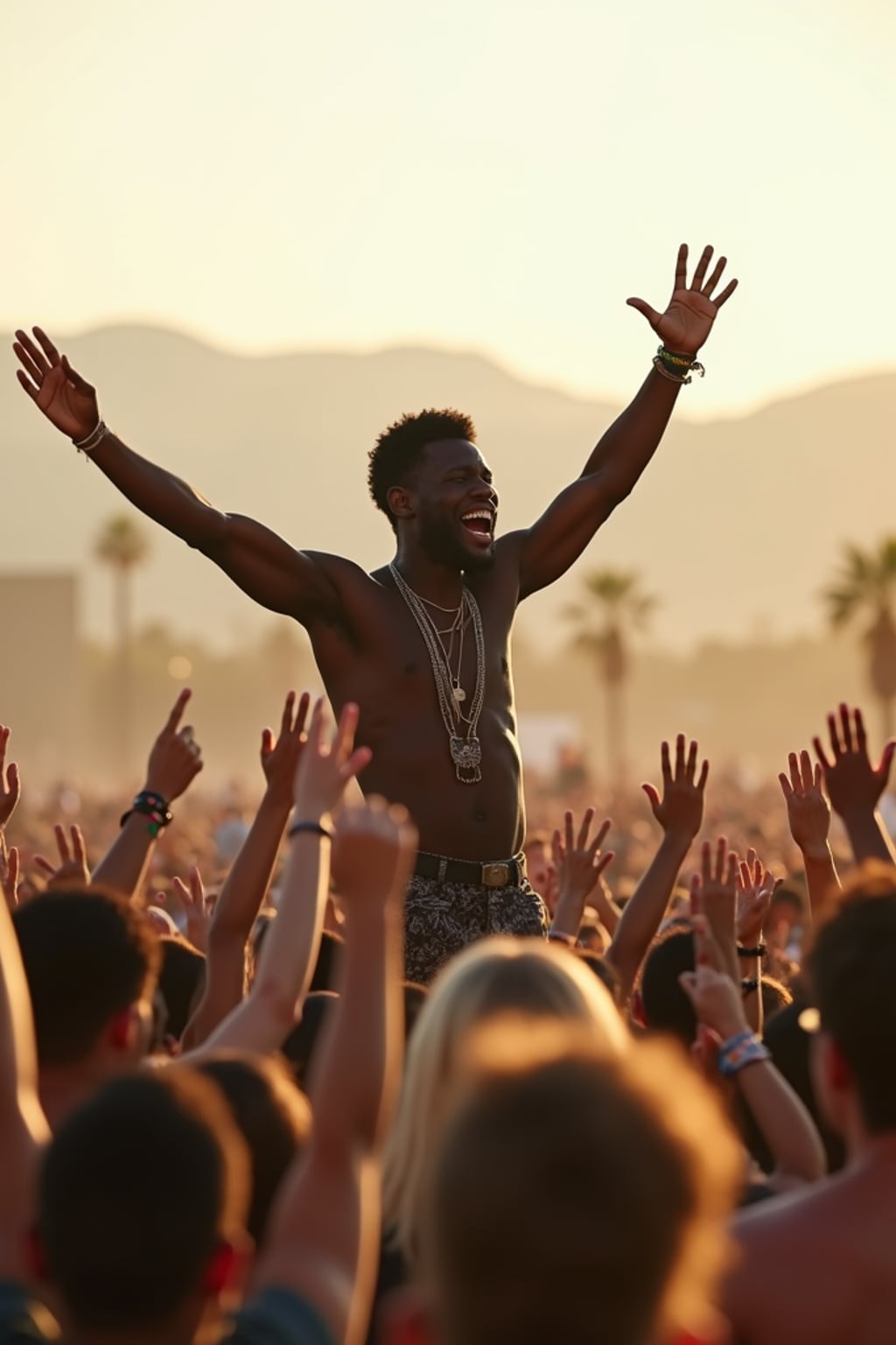 a man enjoying live music on a sunny day at Coachella, surrounded by  energetic fans and raising their hands in excitement, with desert mountains in the distance