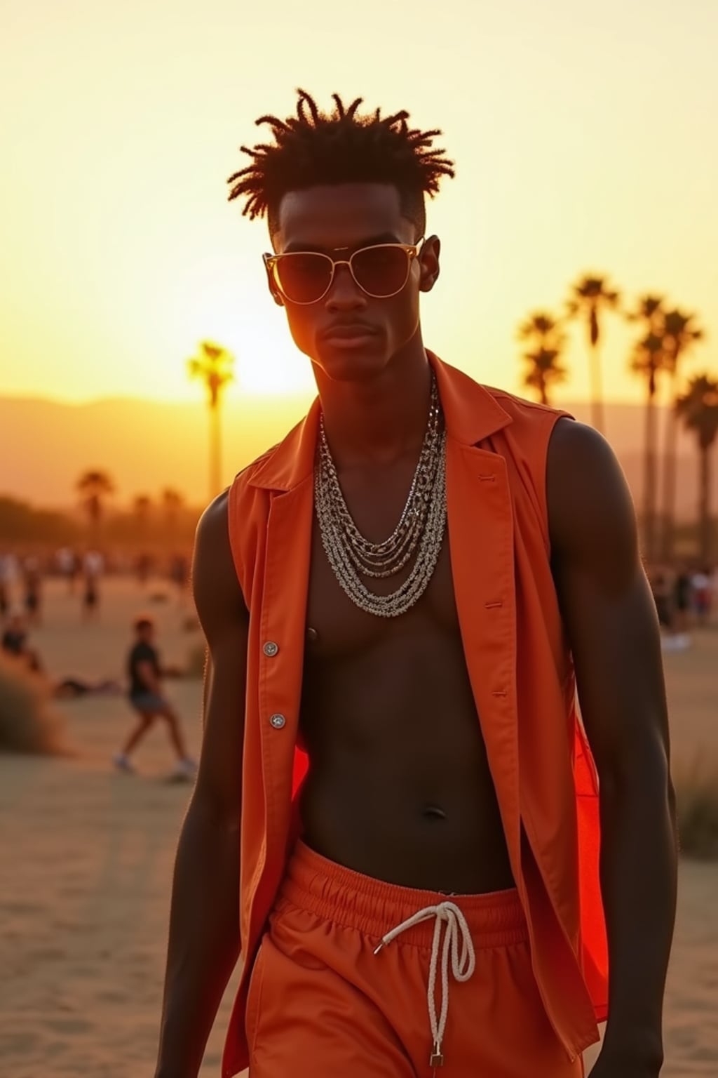 an incredibly attractive man in a Coachella outfit, embracing the desert festival vibes and posing against a backdrop of palm trees and mountains at sunset in Indio, California