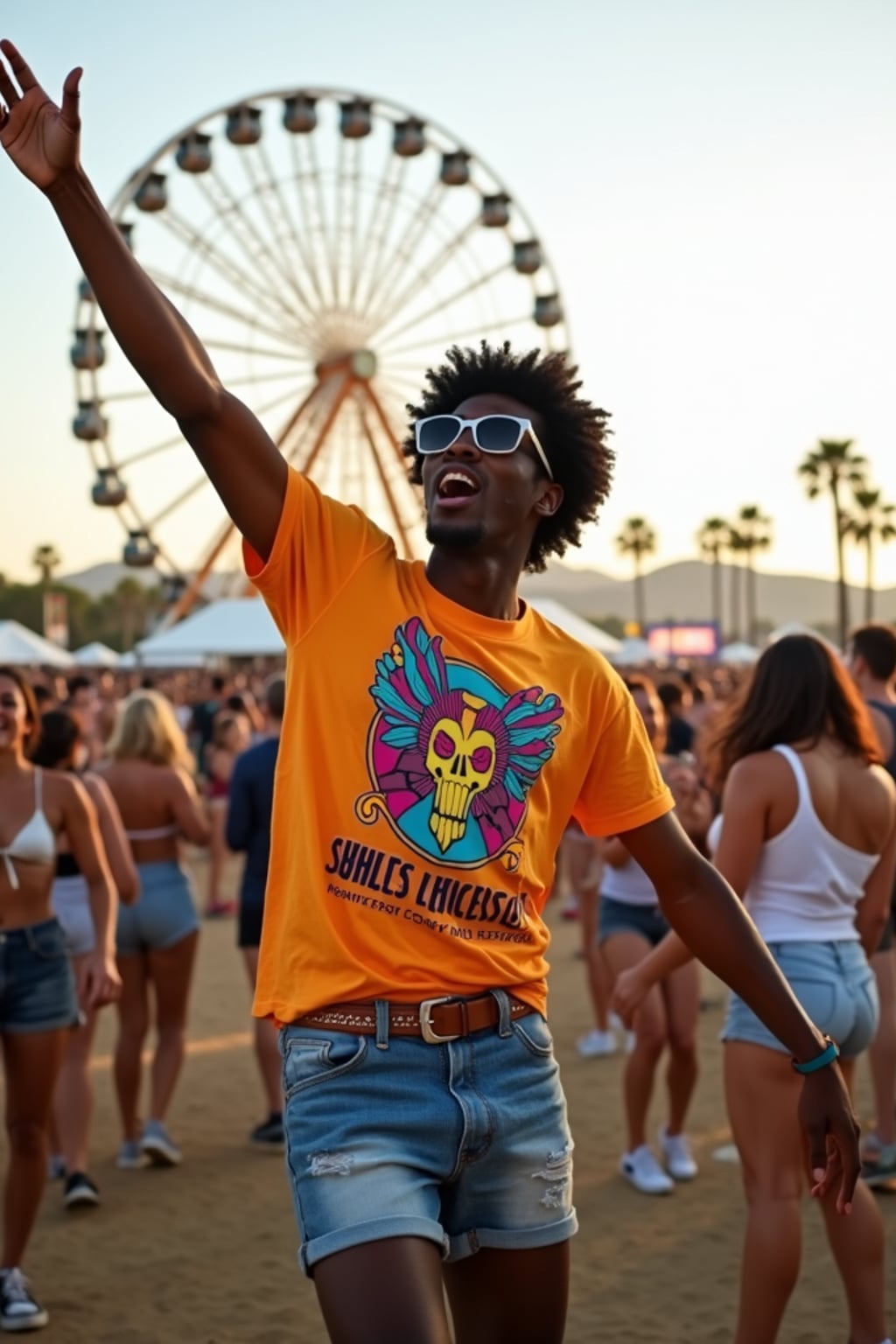 a stunning man at Coachella music festival, dancing and enjoying the music in a vibrant crowd, wearing  a colorful graphic t-shirt and denim shorts, with the iconic Coachella ferris wheel in the background