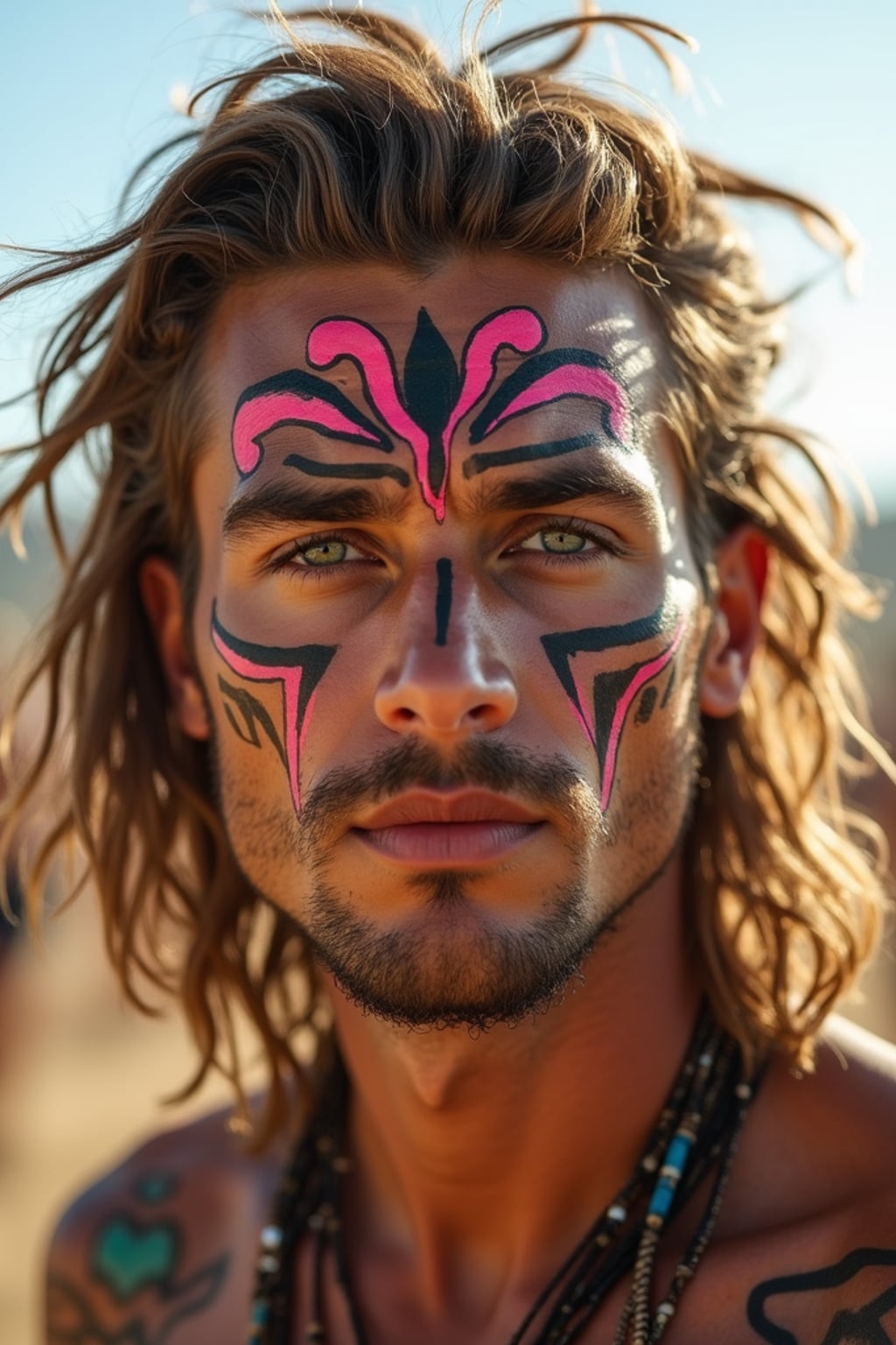 a man with  a tribal face paint design, adding bohemian flair to their Coachella look, with the iconic festival grounds visible in the background