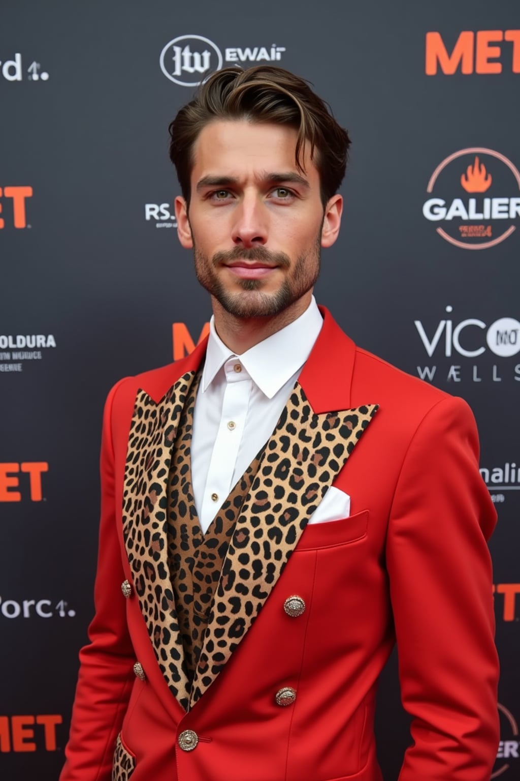 man posing for social media content at the Met Gala step-and-repeat, wearing  a social media-ready ensemble with memorable features, iconic Met backdrop with event branding and sponsors