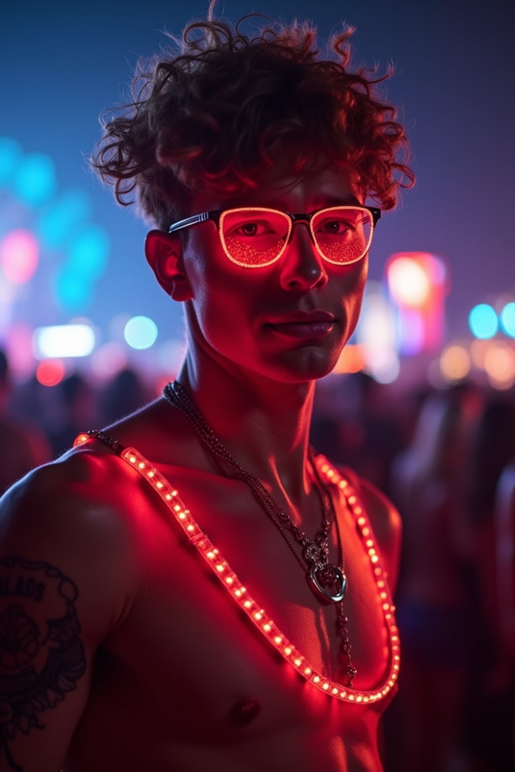 a man with  glowing LED accessories, standing out in the Coachella crowd at night with stage lights illuminating the scene