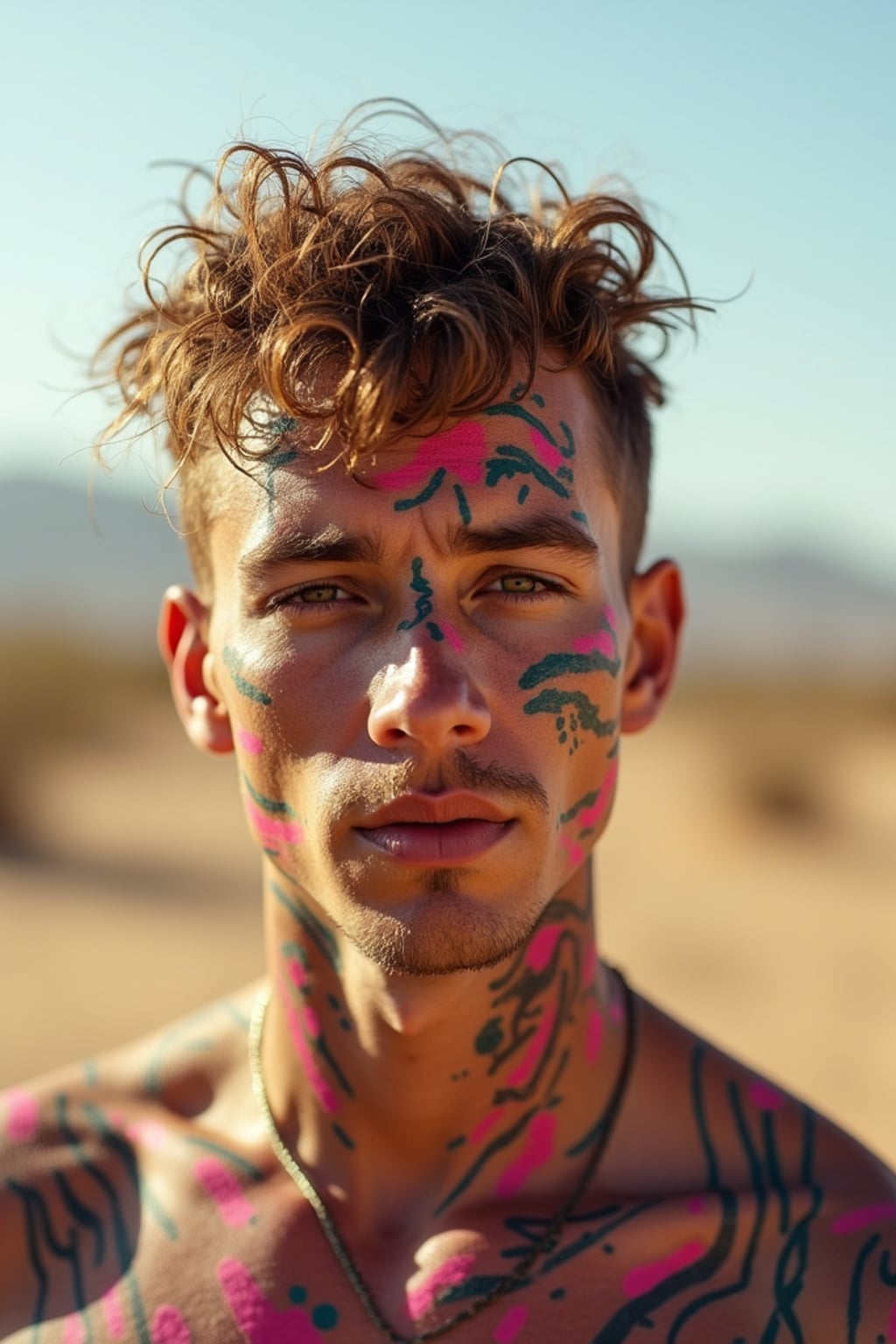 a man with  bold face and body art, capturing the artistic expression that defines Coachella, with desert landscape in the background