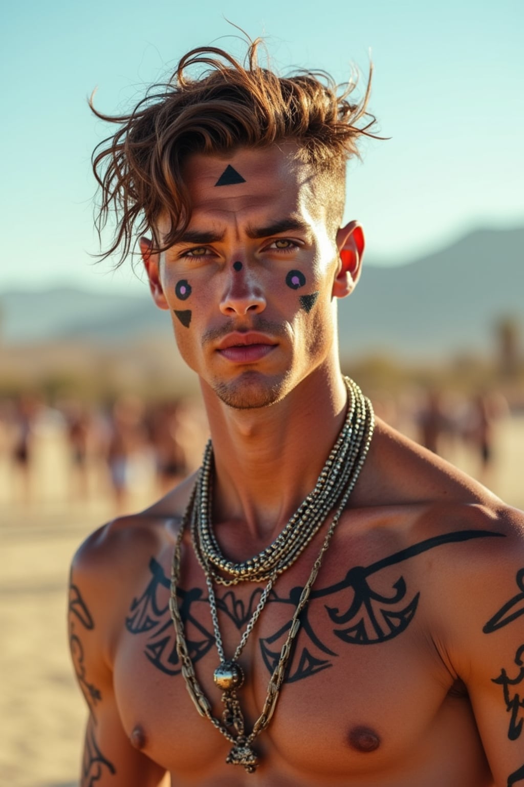 a man with  bold face and body art, capturing the artistic expression that defines Coachella, with desert landscape in the background