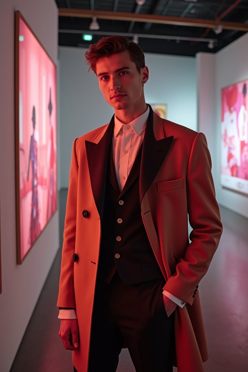 man in the themed exhibition space specially opened for the Met Gala, wearing  a forward-thinking formal look with innovative materials, curated art displays with special event lighting