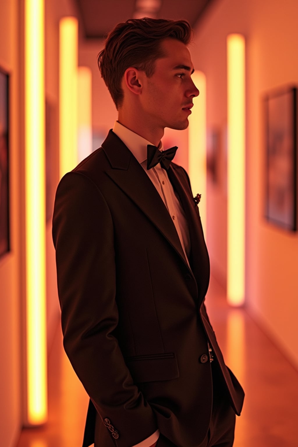 man in the themed exhibition space specially opened for the Met Gala, wearing  a forward-thinking formal look with innovative materials, curated art displays with special event lighting