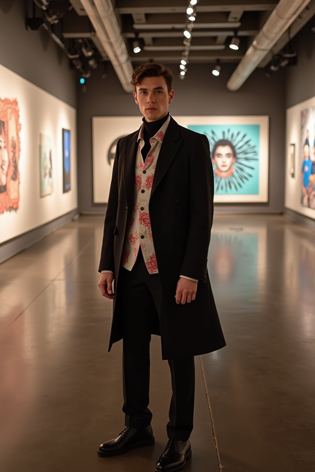 man in the themed exhibition space specially opened for the Met Gala, wearing  a forward-thinking formal look with innovative materials, curated art displays with special event lighting