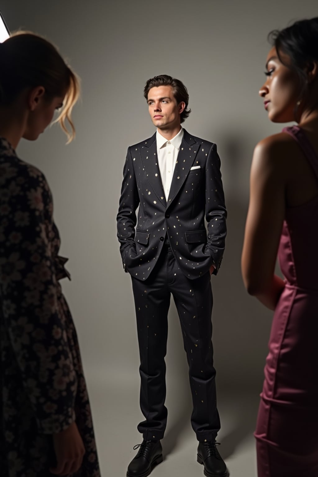 man being photographed by Vogue at the Met Gala photo booth, wearing  an avant-garde suit challenging traditional menswear, professional lighting setup with Met Gala branding