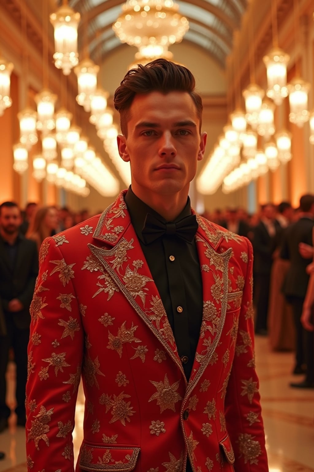 man in the Met Museum's grand hall transformed for the gala, wearing  an artistic interpretation of formal wear with bold accessories, surrounded by spectacular themed decorations and lighting