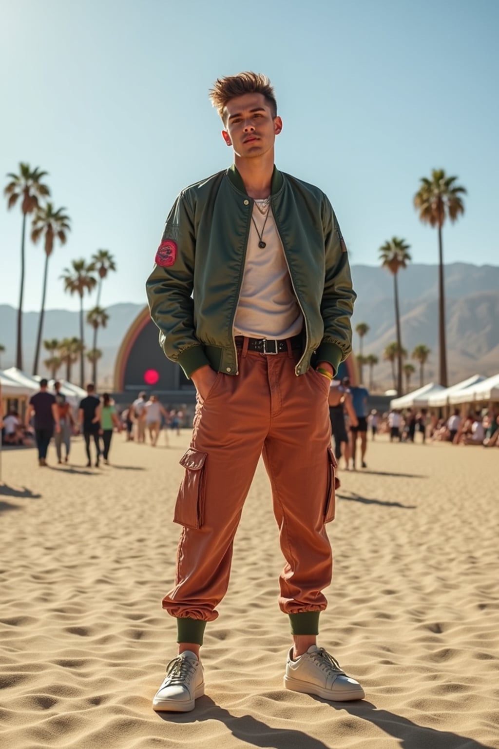 a man in  a cool bomber jacket and sneakers, striking a pose in front of the Coachella stage, with palm trees and desert landscape visible