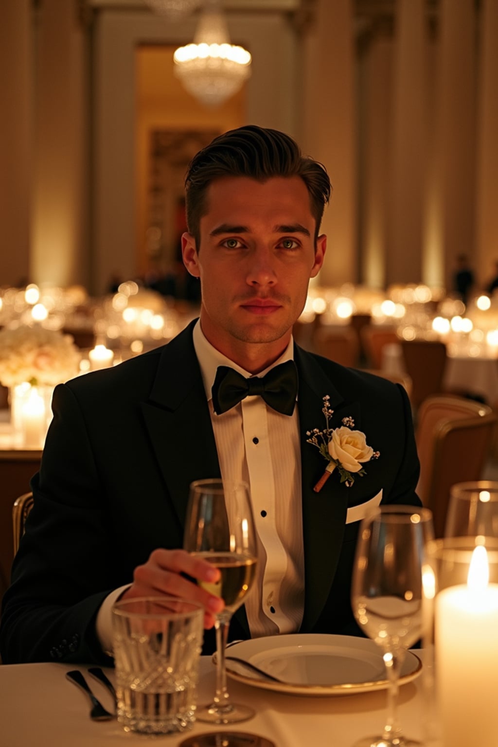 man dining at the lavish Met Gala dinner in the Temple of Dendur, wearing  a refined tuxedo with creative details, elaborate floral centerpieces and candlelit tables arranged throughout the museum space