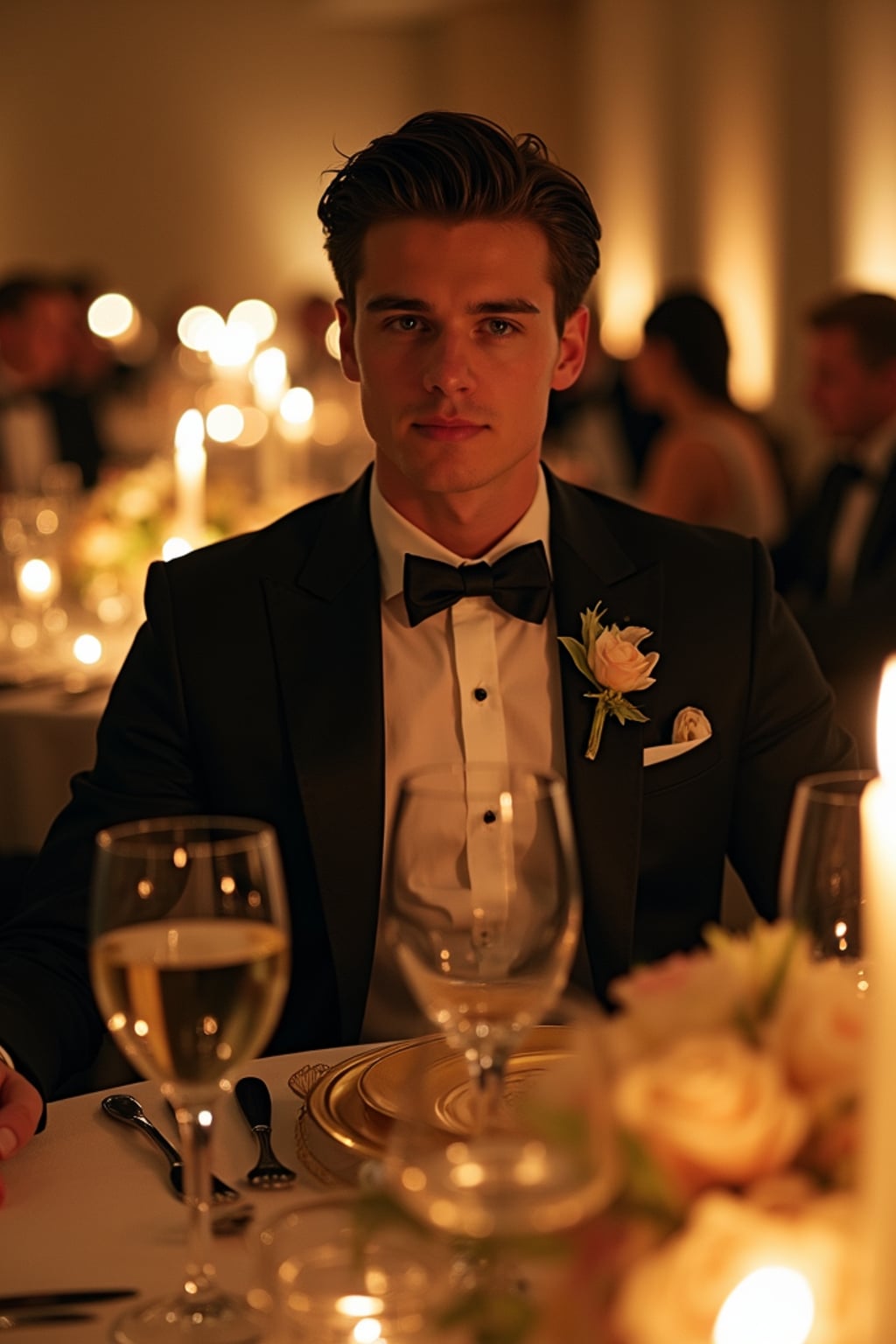 man dining at the lavish Met Gala dinner in the Temple of Dendur, wearing  a refined tuxedo with creative details, elaborate floral centerpieces and candlelit tables arranged throughout the museum space